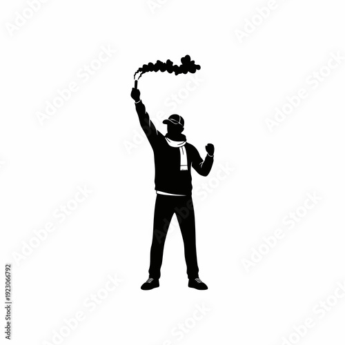 football fan silhouette with smoke flare isolated on white, concept design of football world cup supporters
