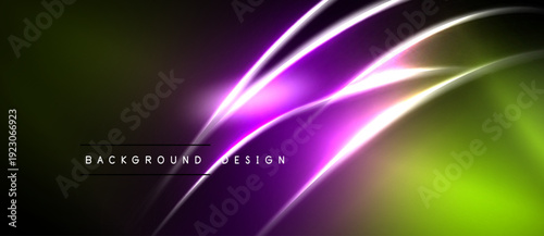 Abstract neon lines create vibrant flow. Dark background contrasts bright purple, green hues. Modern design element.