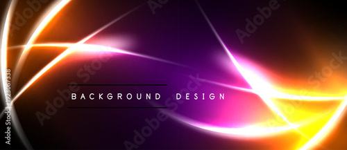 Abstract background features vibrant lines, gradients. Orange, purple, pink hues create dynamic visual effect. Text reads background design.