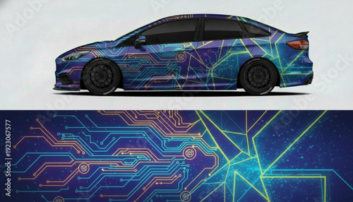 A blue and purple car with a futuristic circuit board and geometric pattern wrap.