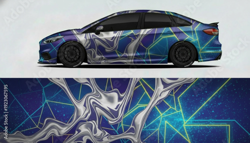 Side view of a modern car with a vibrant abstract geometric and fluid graphic wrap design.