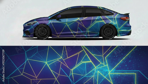 Blue and purple car wrap design with glowing geometric lines and abstract polygonal patterns.