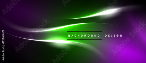 Abstract background features vibrant green, purple hues. White lines create dynamic flow, modern design element. Simple text labels bottom center.