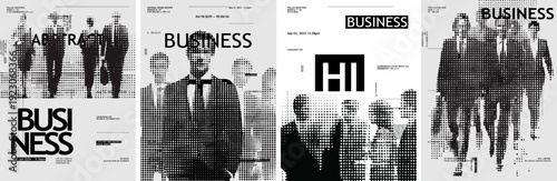Business Halftone Poster Set – Corporate Team Silhouettes and Bold Typography. Modern Minimal  Layout with Dotted Pattern, Executive Concept and Monochrome Branding Design.