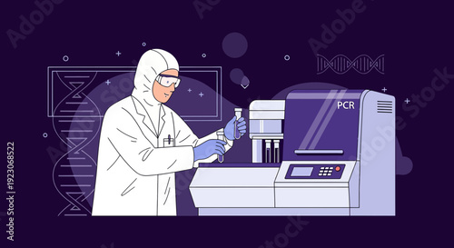 Scientist in protective suit conducts PCR test with modern laboratory equipment