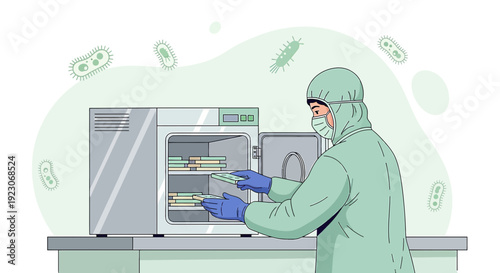 Scientist in Protective Suit Inspecting Petri Dishes in Incubator with Microbes