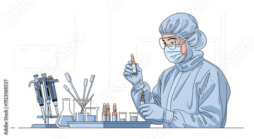 Scientist in protective suit with vials and lab equipment
