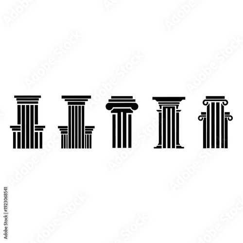 Set of five classical architectural columns in black and white.