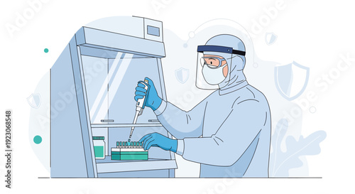 Scientist in protective suit working with pipette in laboratory biosafety cabinet