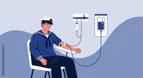 Sailor Receiving Medical Treatment with IV Drip and Blood Collection