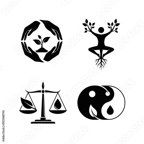 Set of four icons representing nature balance and wellbeing.