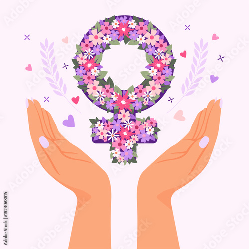 Floral female gender symbol with hands on pink background