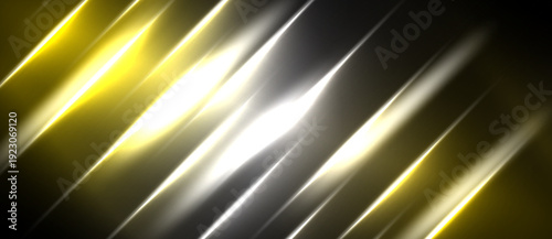 Abstract background features diagonal lines. Gold, silver, white hues create dynamic light effect. Dark areas provide contrast.