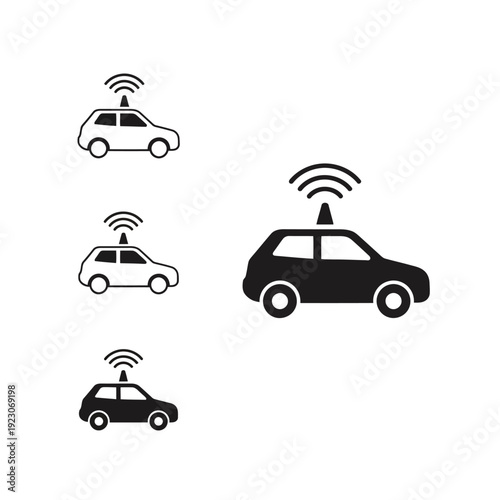 Set of icons representing autonomous vehicles with WiFi signals.