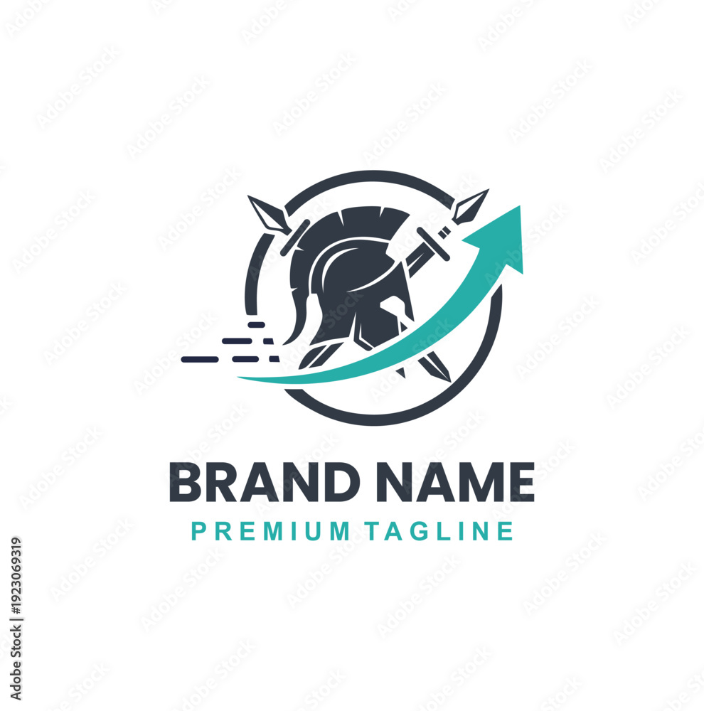 Obraz premium Professional modern Spartan helmet logo with spears and rising arrow.