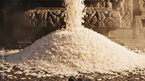 White Rice Pouring Onto Ancient Stone Structure With Detailed Carvings Dramatic Lighting