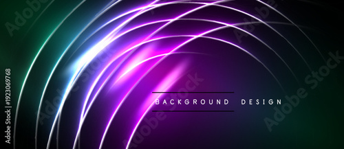 Abstract neon lines create dynamic curved shapes. Vibrant purple, green hues dominate dark background. Modern design element.