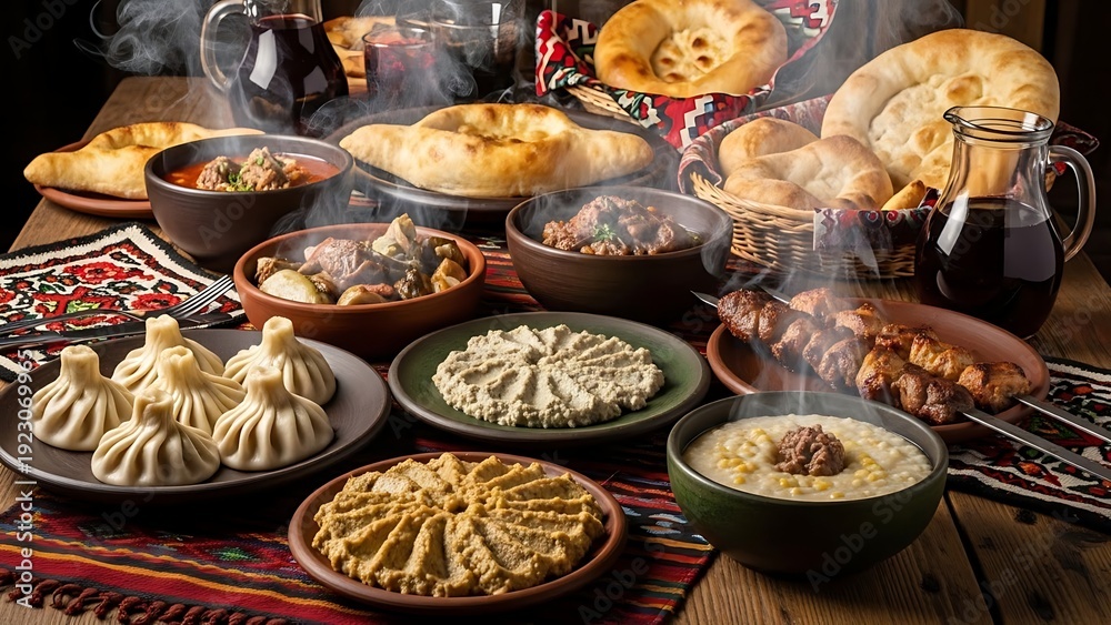 Fototapeta premium A Culinary Journey: A diverse and aromatic spread of traditional cuisine, inviting you to embark on a taste adventure, showcasing vibrant flavors, textures, and rich cultural heritage.