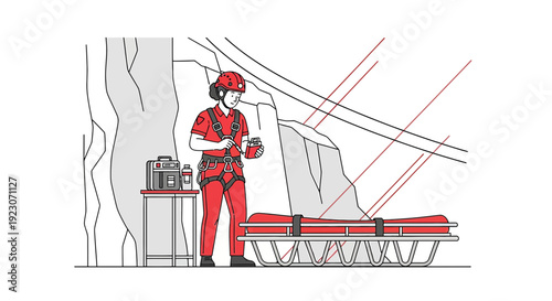 Rescue Worker Prepares Medical Supplies Near Stretcher in Mountainous Terrain
