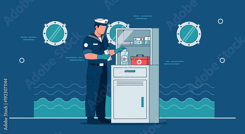 Sailor Administering Medical Care with Cabinet and Sea Background
