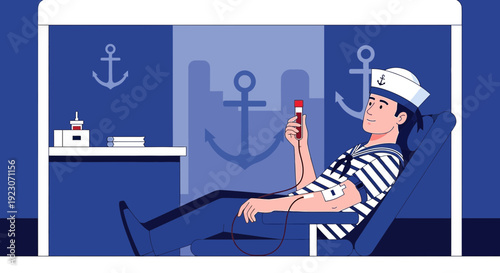 Sailor Donating Blood in Medical Facility with Anchor Motifs