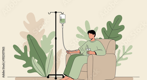 Patient receiving IV infusion therapy in a comfortable armchair, medical treatment concept