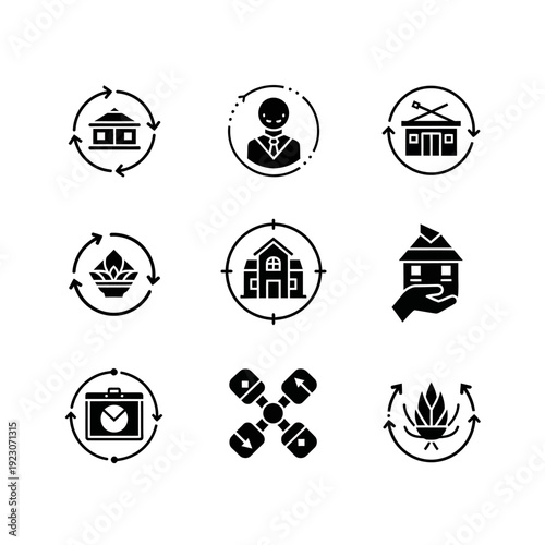 Set of nine circular icons representing business and real estate concepts.