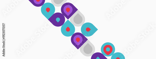 Colorful circles, squares, triangles form diagonal pattern. Simple shapes create playful, modern design. Bright hues dominate composition.