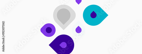 Abstract shapes resembling droplets, varying colorspurple, teal, gray. Minimalist design on white background. Simple, clean aesthetic.