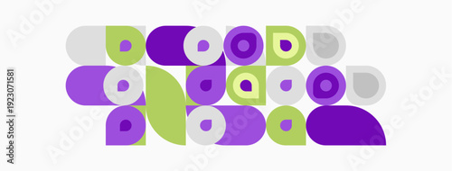 Abstract geometric shapes, circles, rectangles, overlapping forms. Light green, purple hues dominate composition. Minimalist design, modern aesthetic.