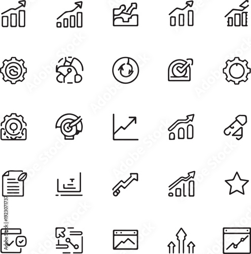 Growth icon set. Financial profit black line and solid icon set. Containing arrow up, growing graph, business chart icons.