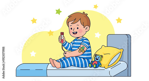 Child Patient Receiving Blood Test in Hospital Bed with Toy