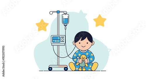 Child Patient Receiving IV Therapy with Medical Equipment and Stars Illustration