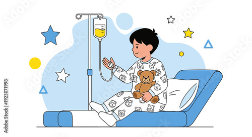 Child Patient Receiving IV Drip Treatment in Hospital Bed with Teddy Bear