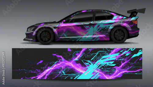 Modern sports car with a vibrant purple and cyan abstract graphic wrap design, showcasing futuristic electric patterns.