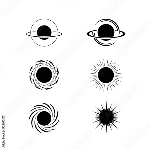 Set of stylized celestial bodies and cosmic phenomena.