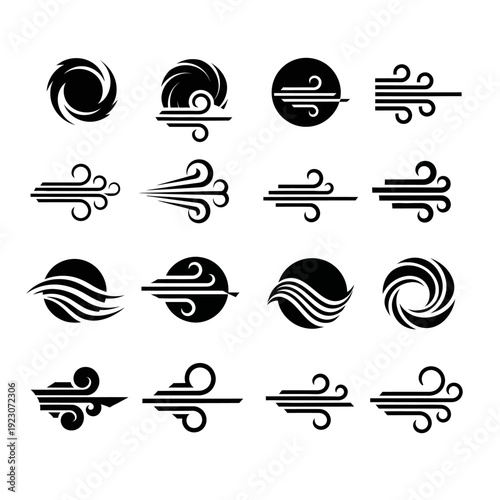 Set of stylized wind icons and symbols.