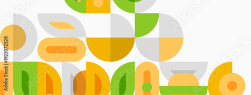 Abstract geometric shapes overlap. Colors include green, yellow, gray, orange. Design feels modern, playful, minimalist.