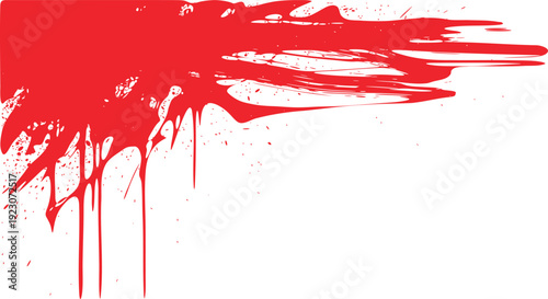 A vibrant red paint splatter on a white background with bold brushstrokes and dynamic movement.
