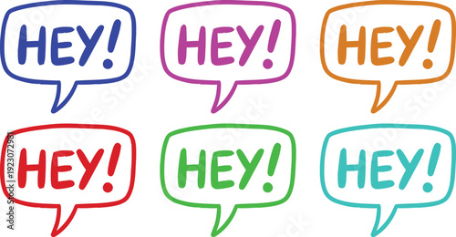 A colorful illustration of speech bubbles with the word 'Hey!' in various bright colors and fonts.