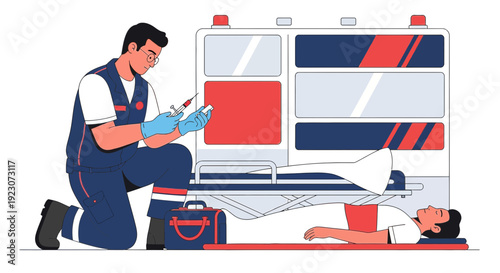 Paramedic Administers Injection to Patient Beside Ambulance