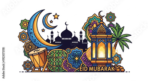 Vector ilustration of a mosque in ramadhan and Ied Mubarak 