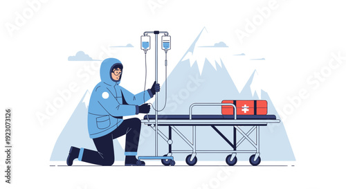 Paramedic Administers IV Drip to Patient on Stretcher in Snowy Mountains