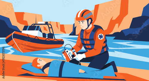 Paramedic Performs CPR on Patient on Beach Near Rescue Boat