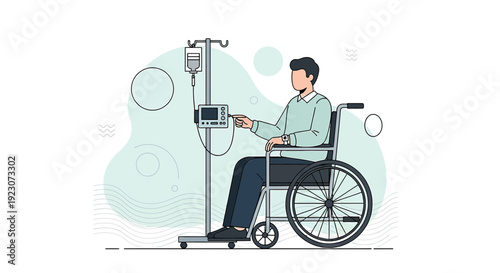 Patient in Wheelchair Receiving IV Drip Treatment with Medical Equipment