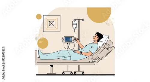 Patient receiving IV drip in hospital bed, medical treatment, healthcare concept illustration