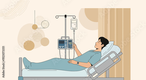 Patient receiving IV drip treatment in hospital bed with medical equipment