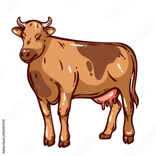 Dairy cow standing in profile with visible udder, farm animal illustration in retro cartoon style. Livestock, cattle, milk cow, rural agriculture theme. Outline vector illustration.