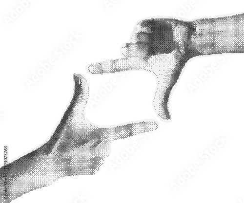Hands Making Frame Gesture Halftone Collage. Retro Dither Bitmap Pixel Art Element. Photocopy Stipple Viewfinder Vector