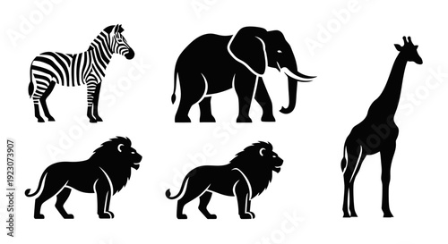 African Safari Animals Silhouettes Set: Zebra, Elephant, Lion, and Giraffe Vector Icons
